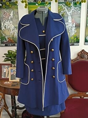 Lilli Ann Dress Set In Navy Blue Wool With White Trim Size Extra Small